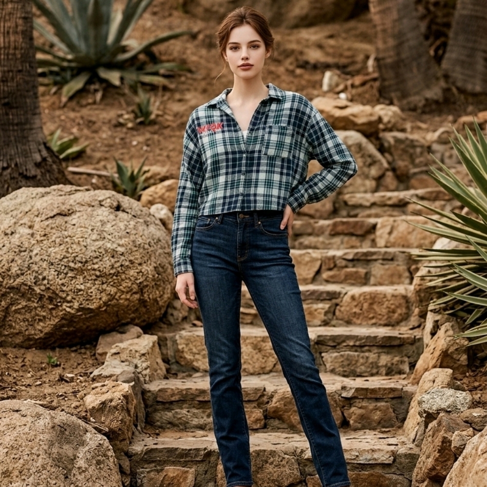 Netflix Plaid Cropped Shirt in Navy and Light Blue